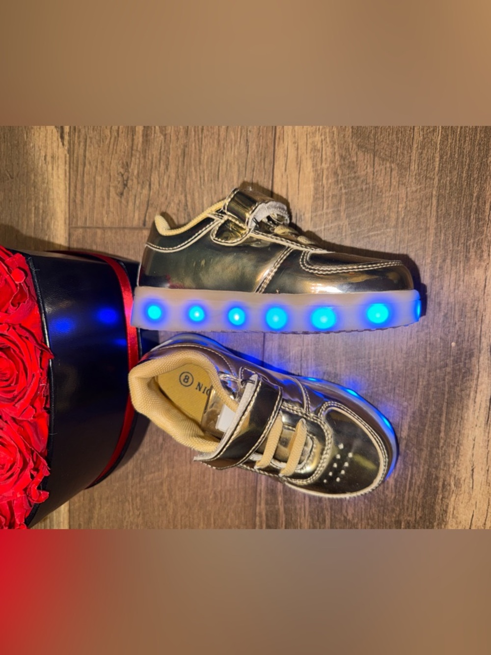 Kids Gold LED Light-Up Sneakers | Metallic High Shine Shoes | Size 8